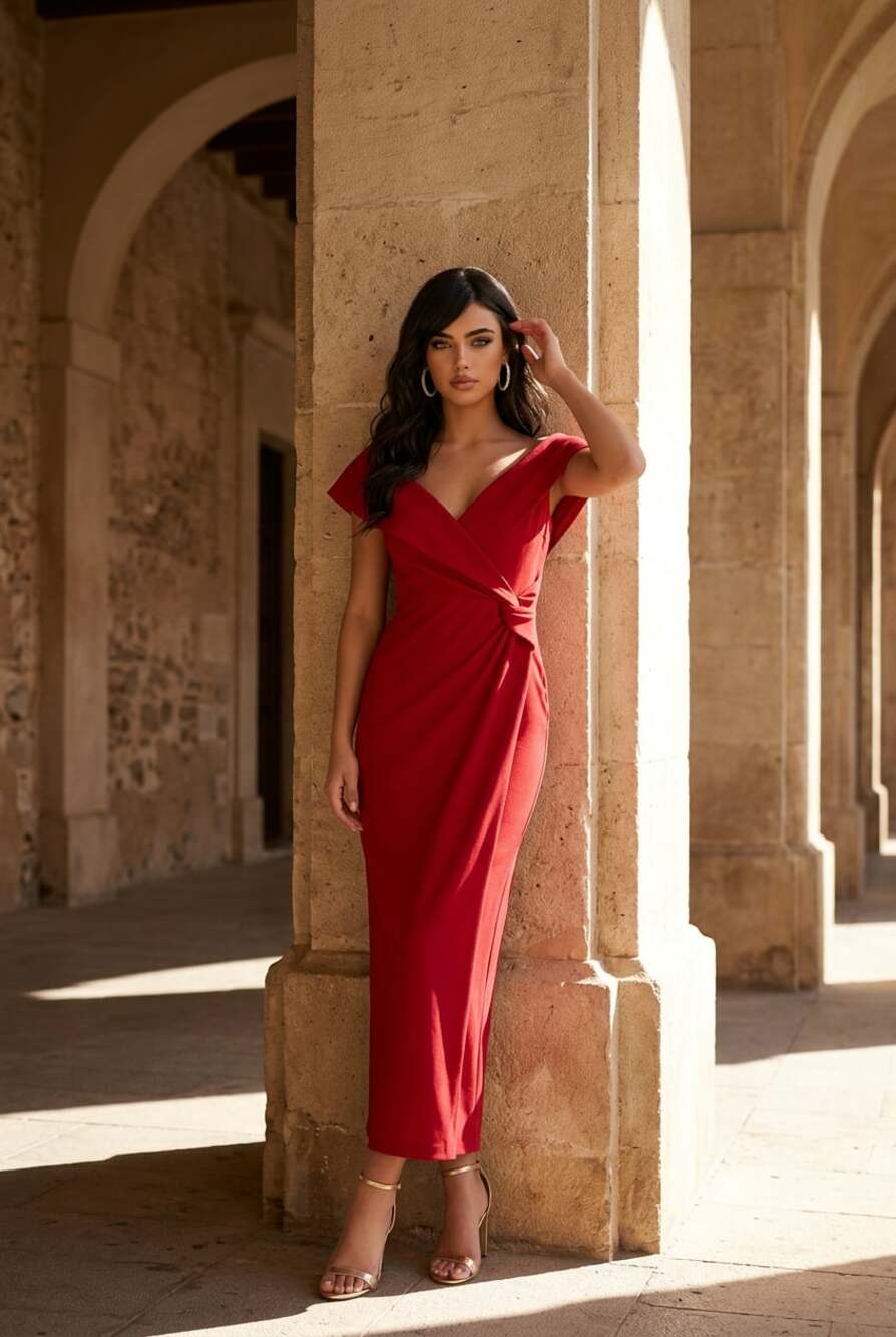 Lauren Ralph Lauren Red Knit Off-The-Shoulder Twist-Front Midi Dress